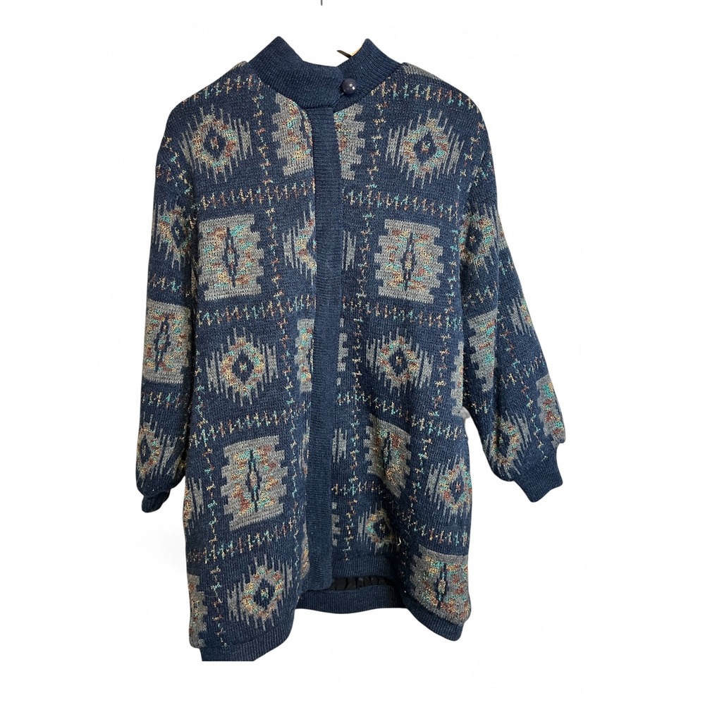 Lilly of California Vintage Southwestern Knit Cardigan Jacket Blue Large